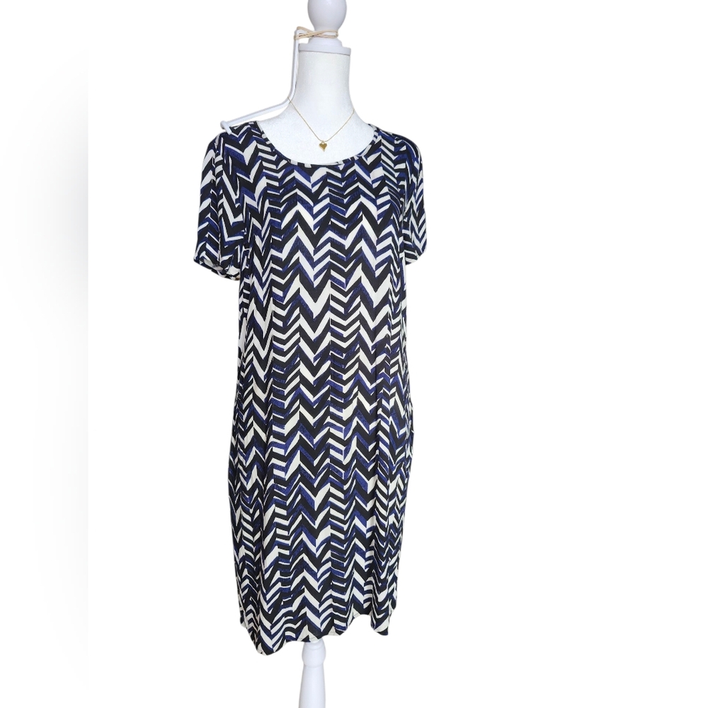 #BISHOP Black White Blue Chevron Print T-Shirt Dress Size XS Made in USA - Picture 2 of 5